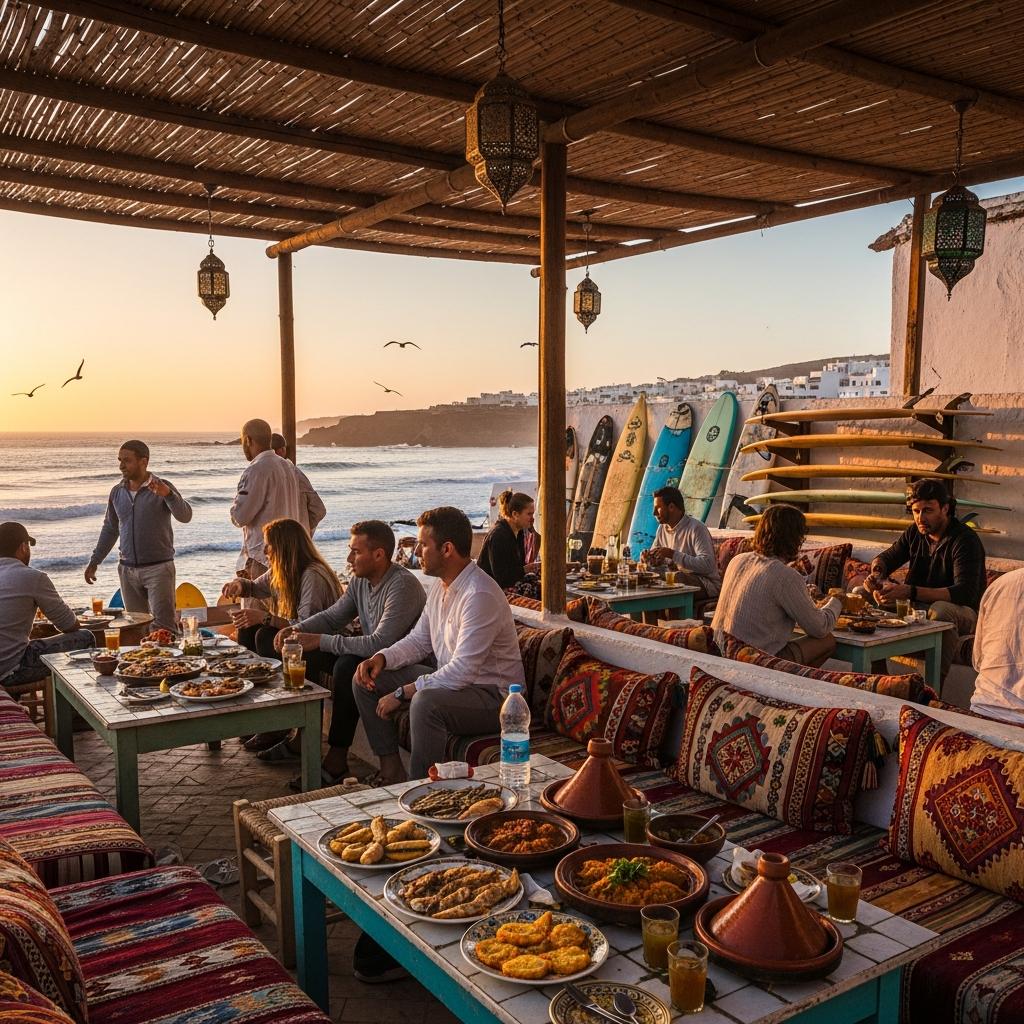 Agadir Morocco sardines holiday mood beach promenade seafood restaurant Atlantic lunch