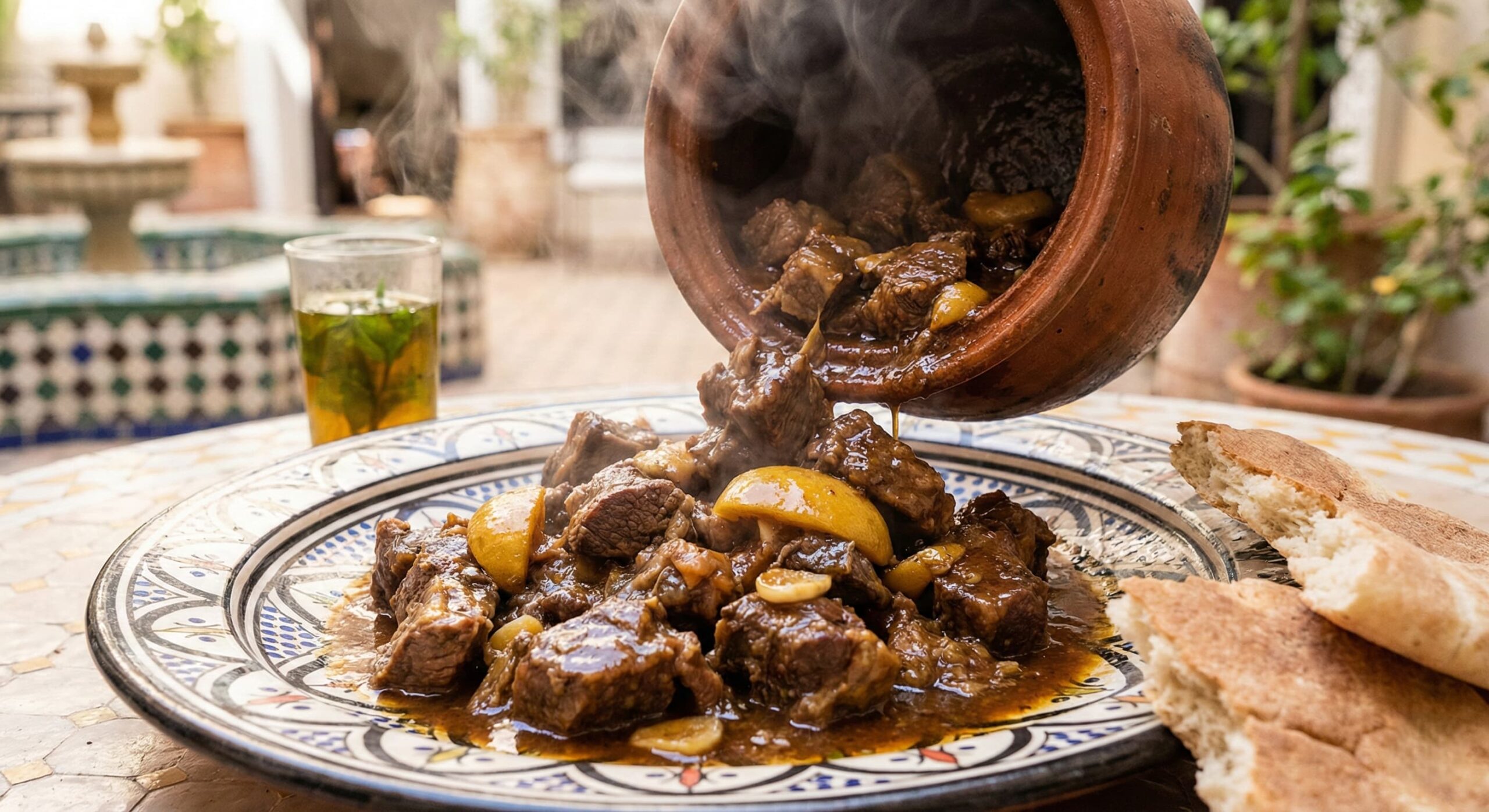 Marrakech tagine travel icon clay pot rooftop restaurant riad Moroccan food