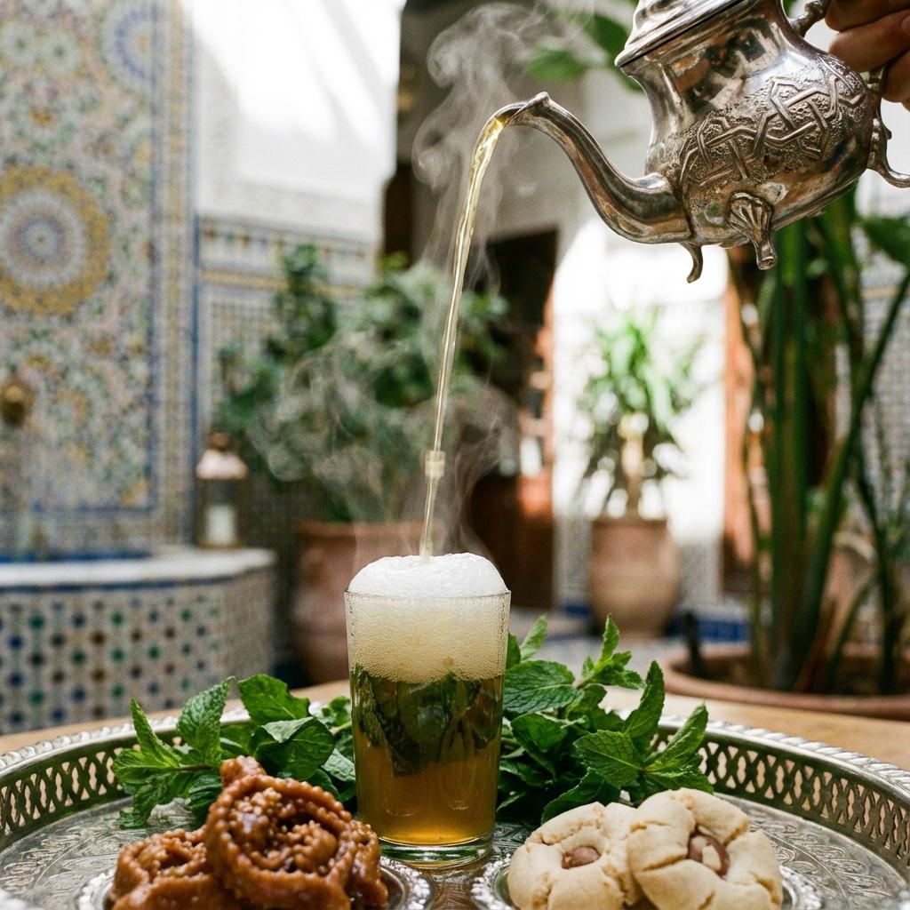 Moroccan mint tea serving as social infrastructure in cafés and homes during summer evenings