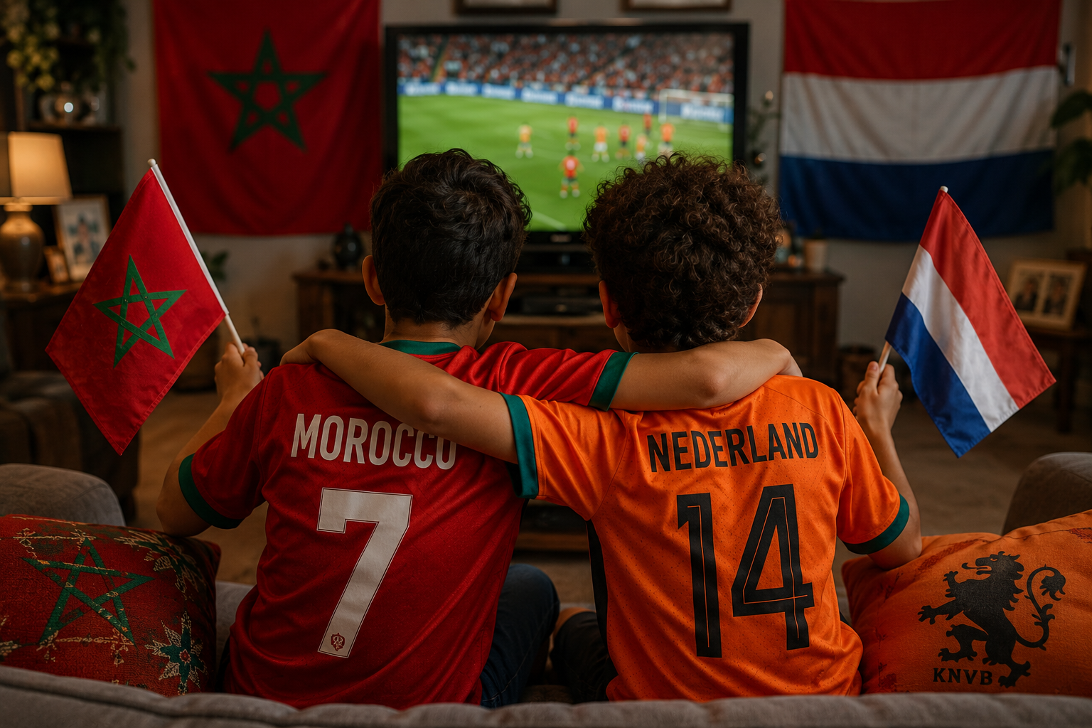 Dutch-Moroccan family two colours Morocco Netherlands World Cup split identity red green orange shirts