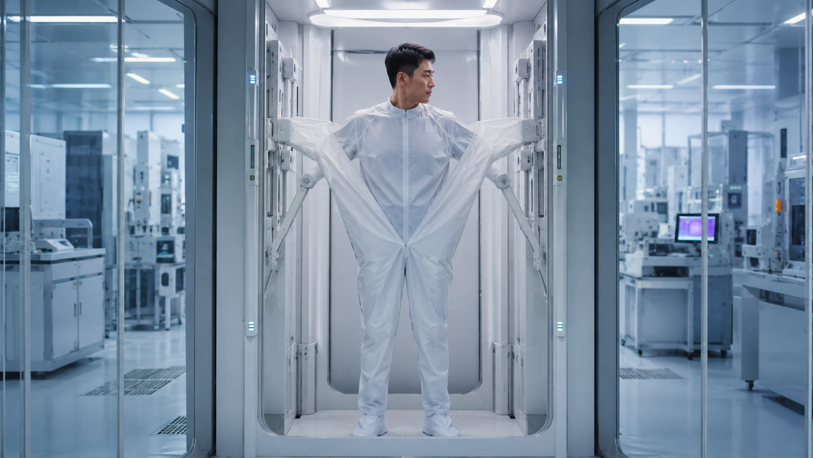 Self-dressing protective garments improving speed and cleanliness inside semiconductor cleanrooms