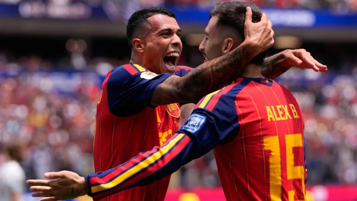 Pedro Porro celebrating Spain’s second goal in the World Cup semifinal victory over France