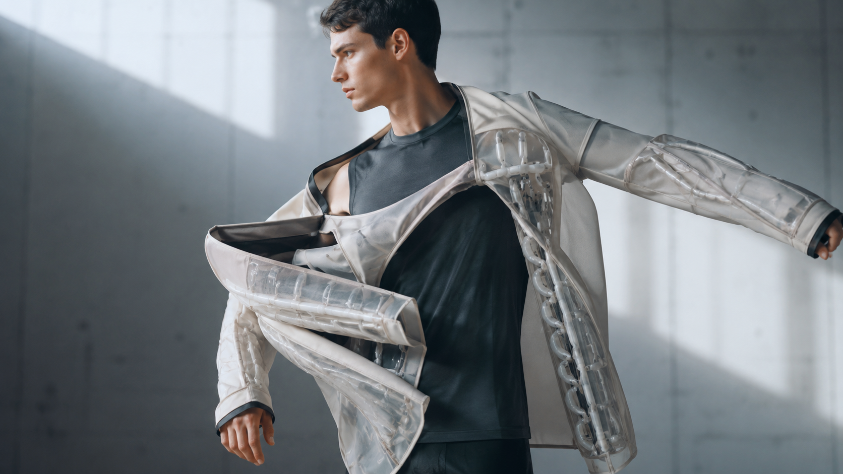 Soft robotic clothing dressing a person automatically and moving robotics into everyday garments