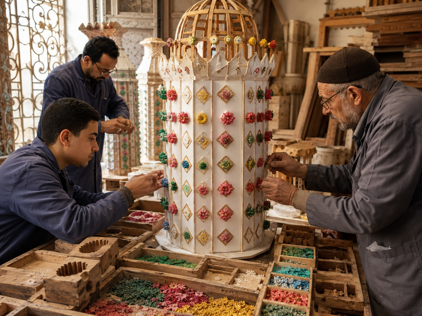 Salé candle procession artisans creating ceremonial structures from wood, paper and coloured wax