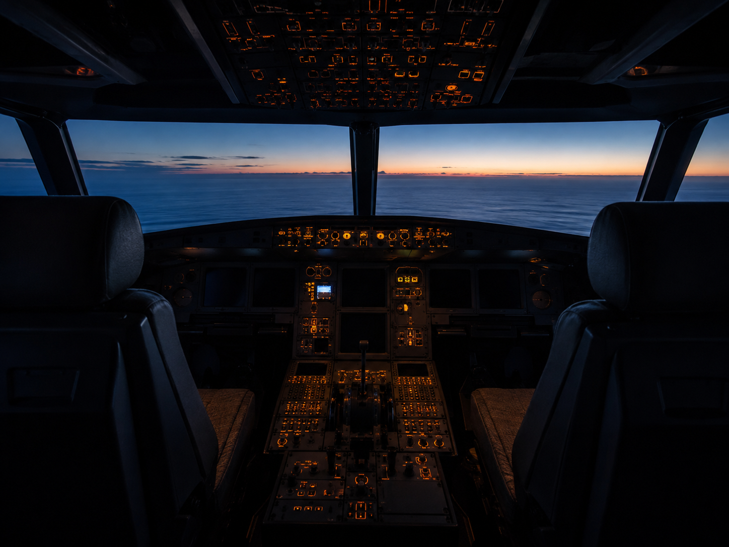 Empty Boeing 777 cockpit illustrating the MH370 ghost flight and hypoxia scenario