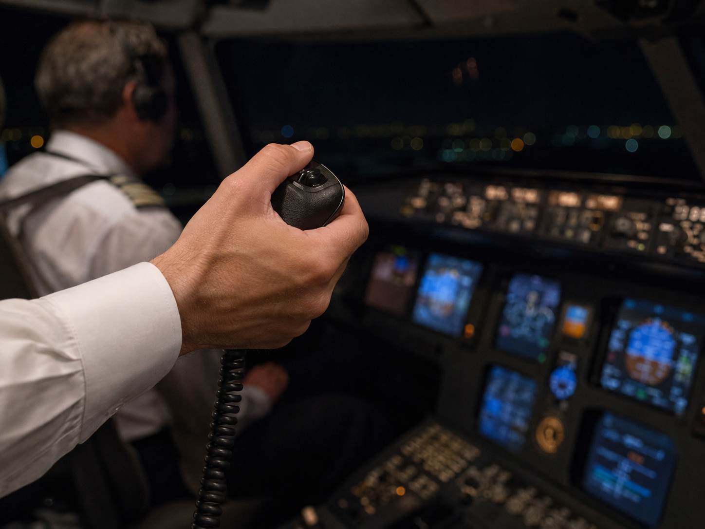 Pilot using a radio microphone illustrating MH370's final normal transmission