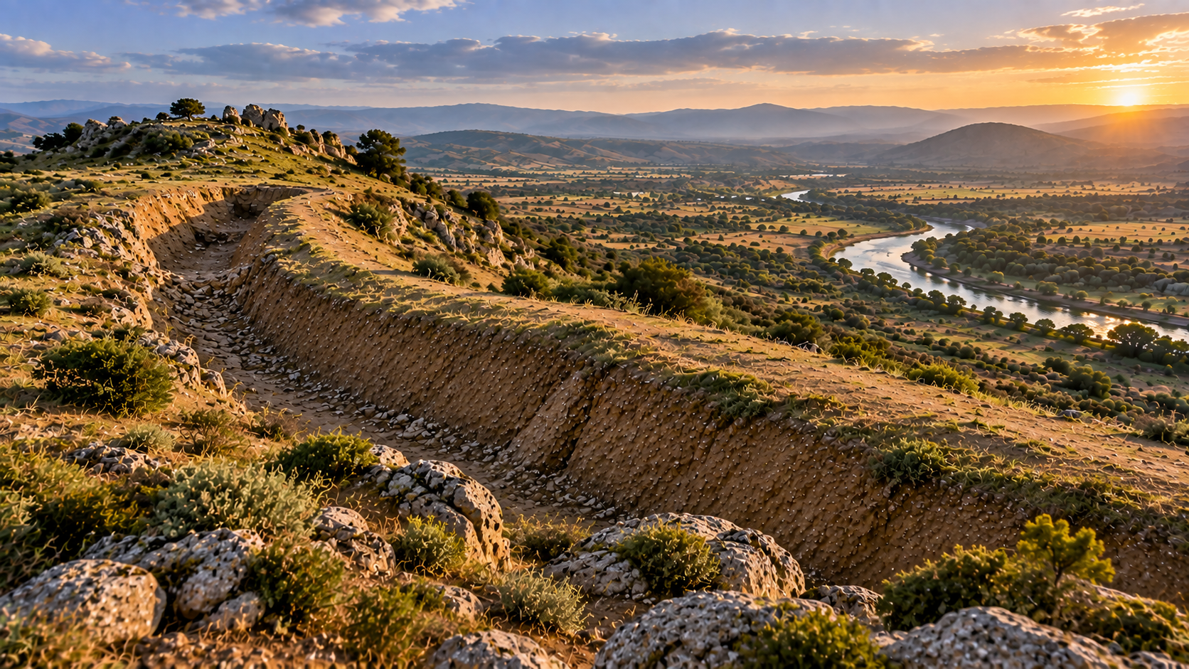 Prehistoric defensive ditch and earthen rampart at Oued Beht in Morocco