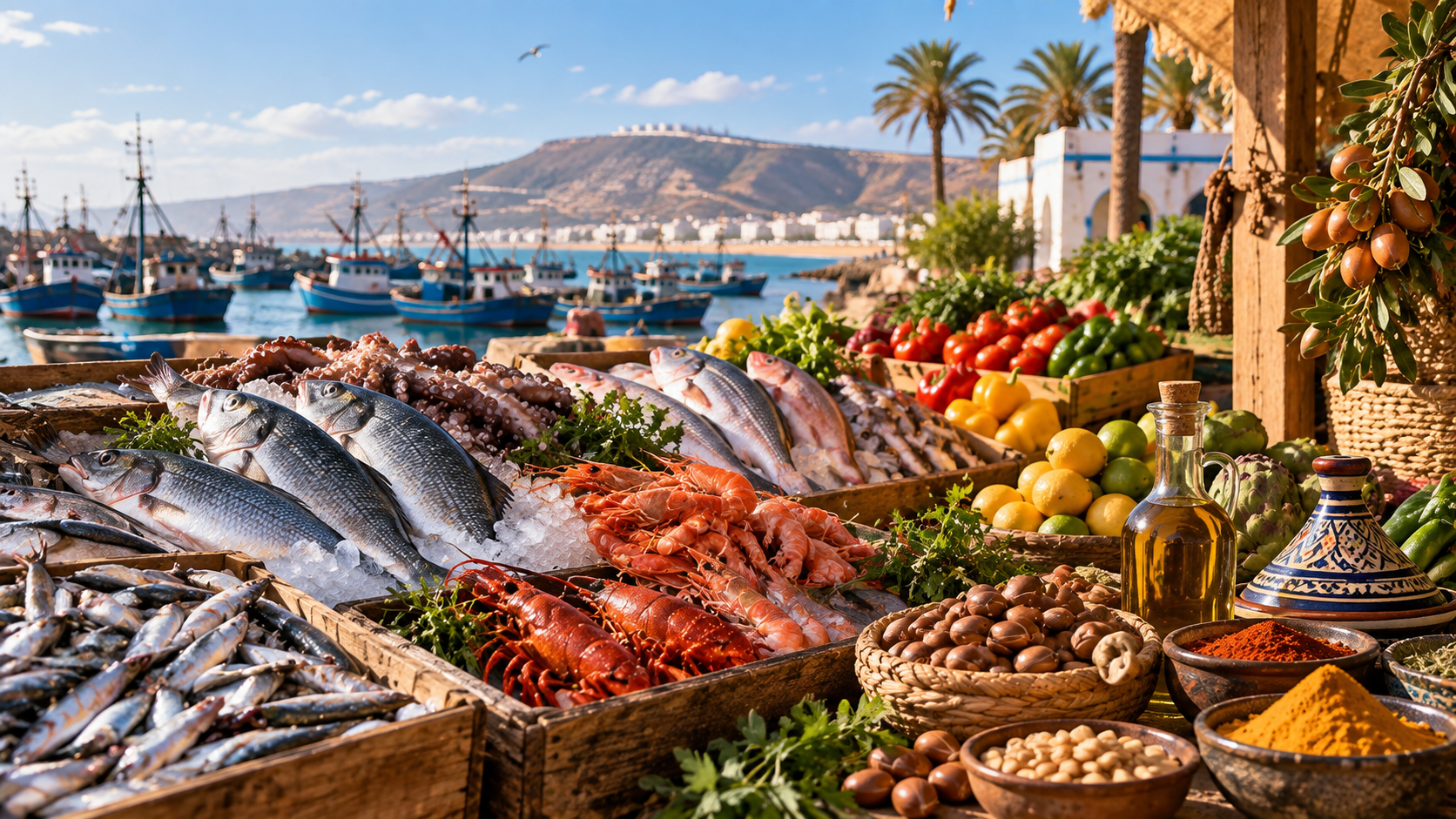 Agadir and Souss gastronomy with Atlantic seafood citrus argan herbs and Moroccan culinary traditions