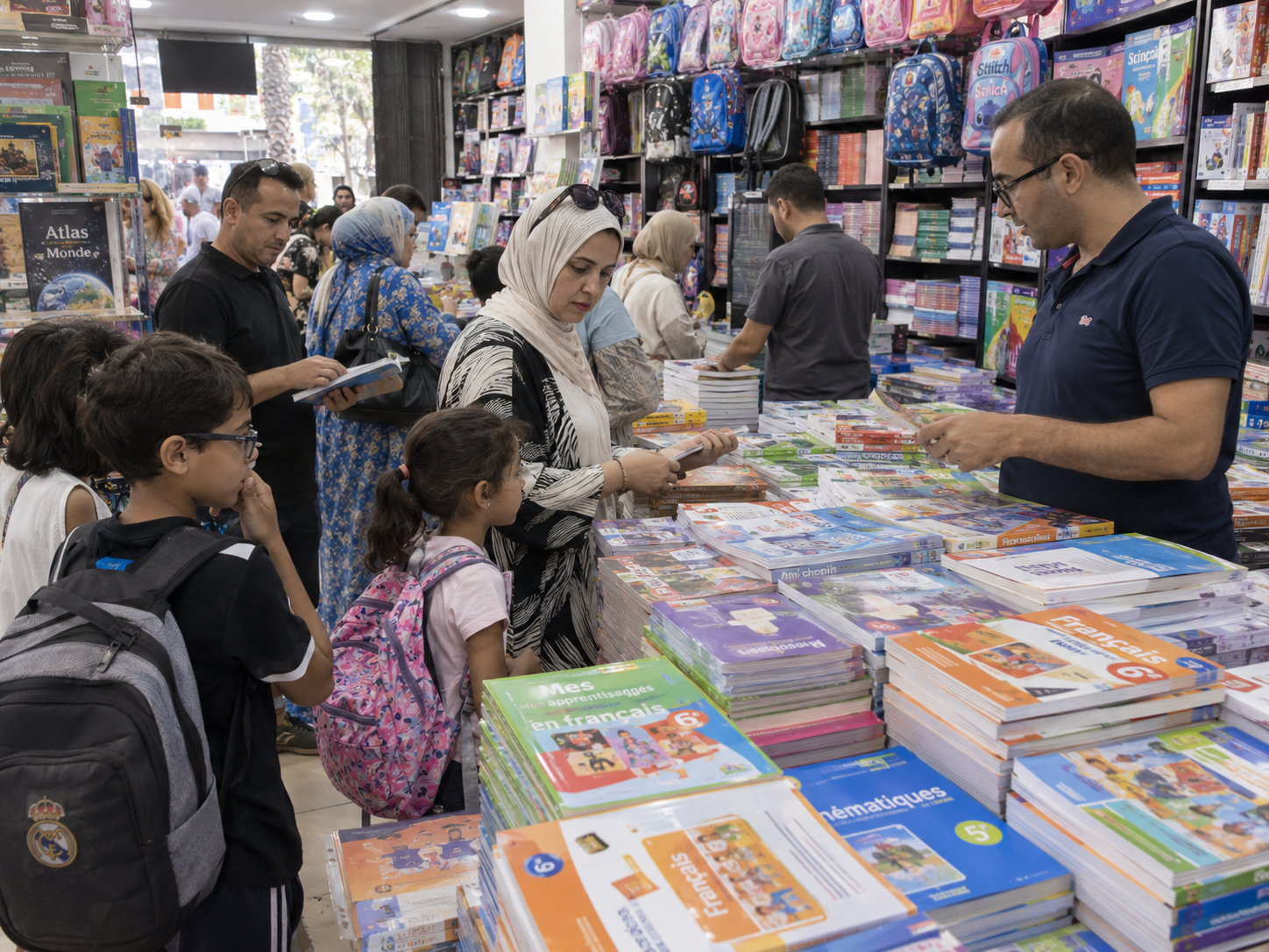 Moroccan families buying schoolbooks before classes start in September 2026