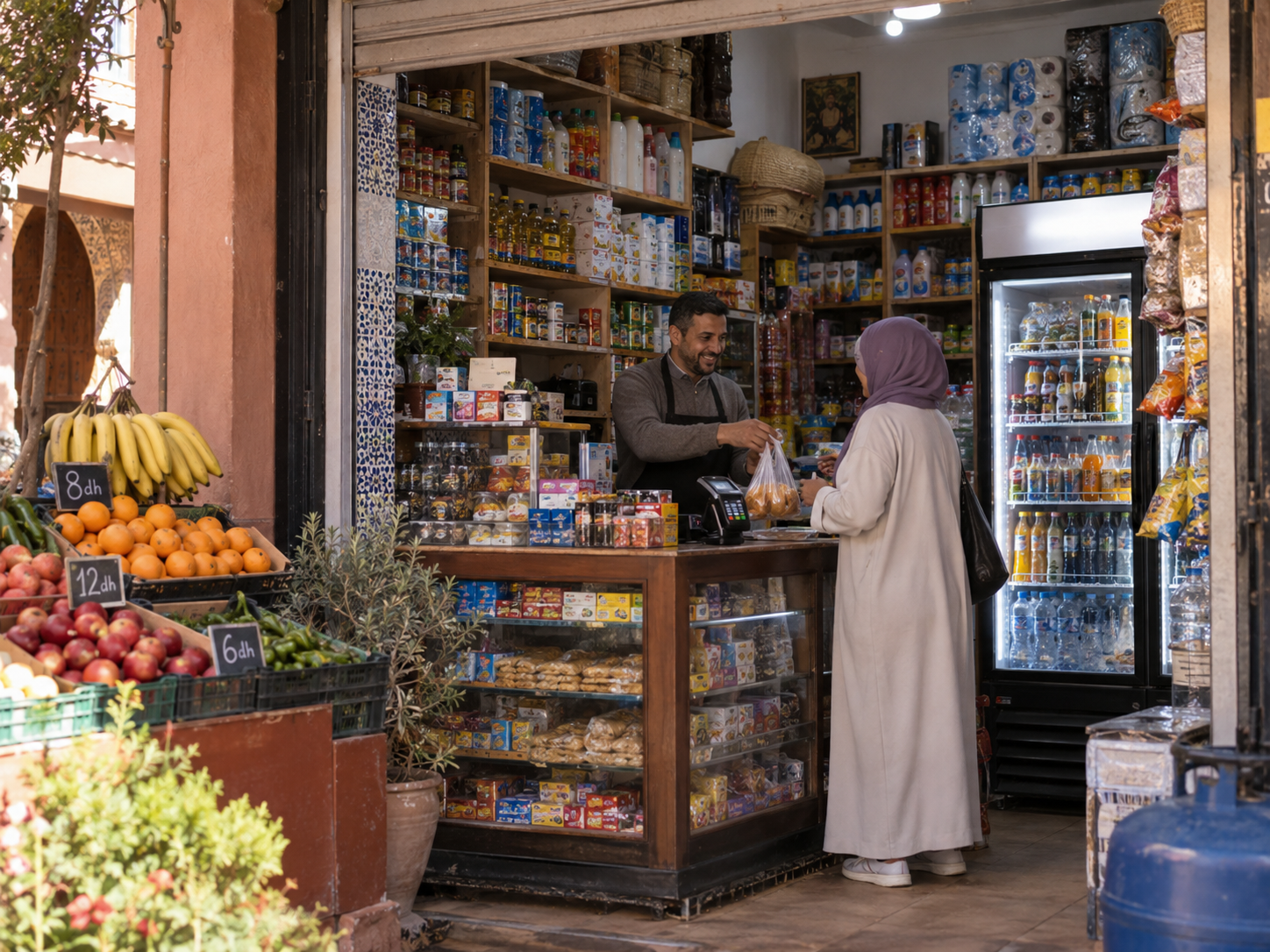 Modern Moroccan hanout with organised shelves visible prices refrigeration and card payment