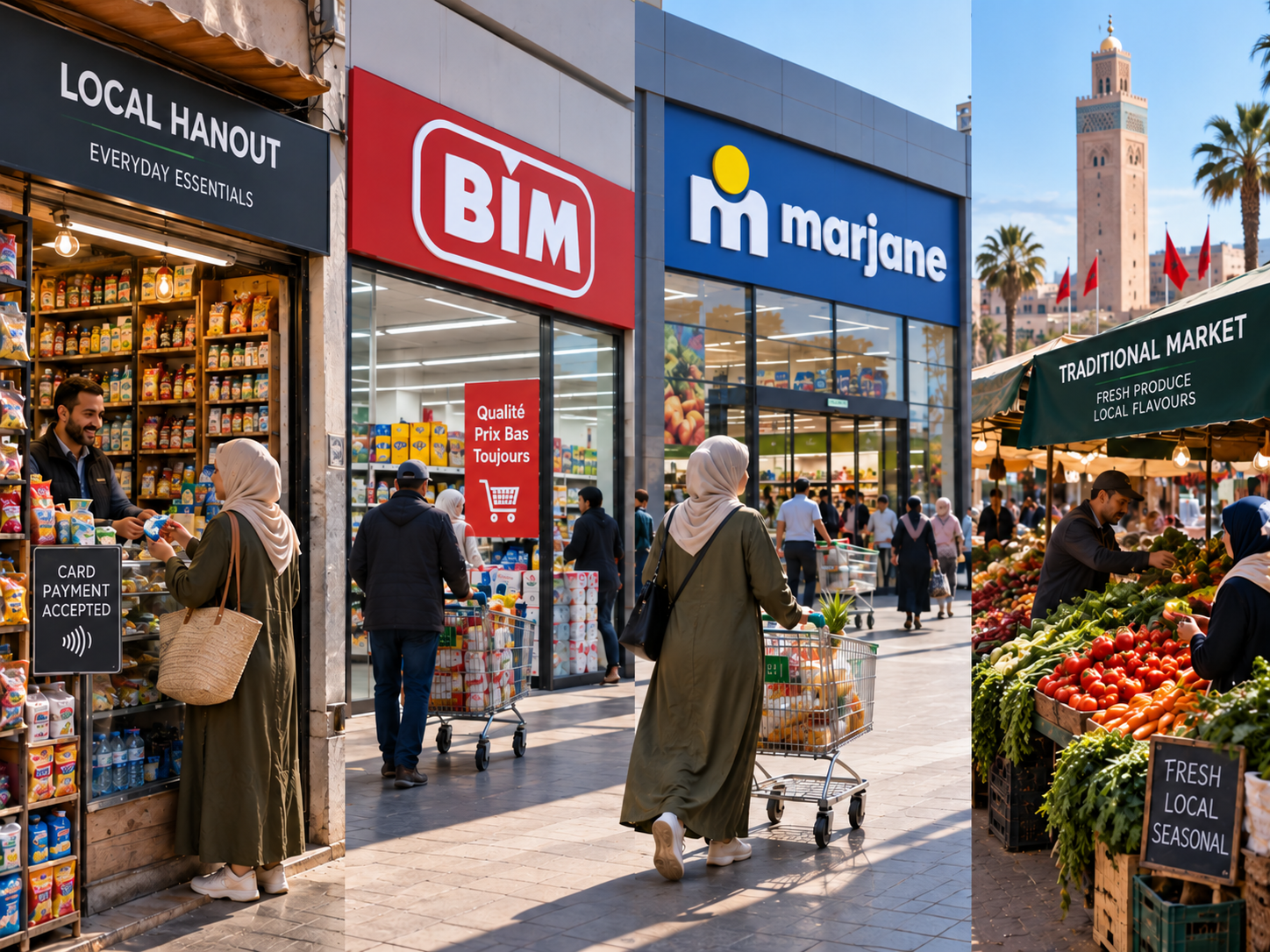 Moroccan shopper using neighbourhood hanout discount stores supermarkets and traditional markets
