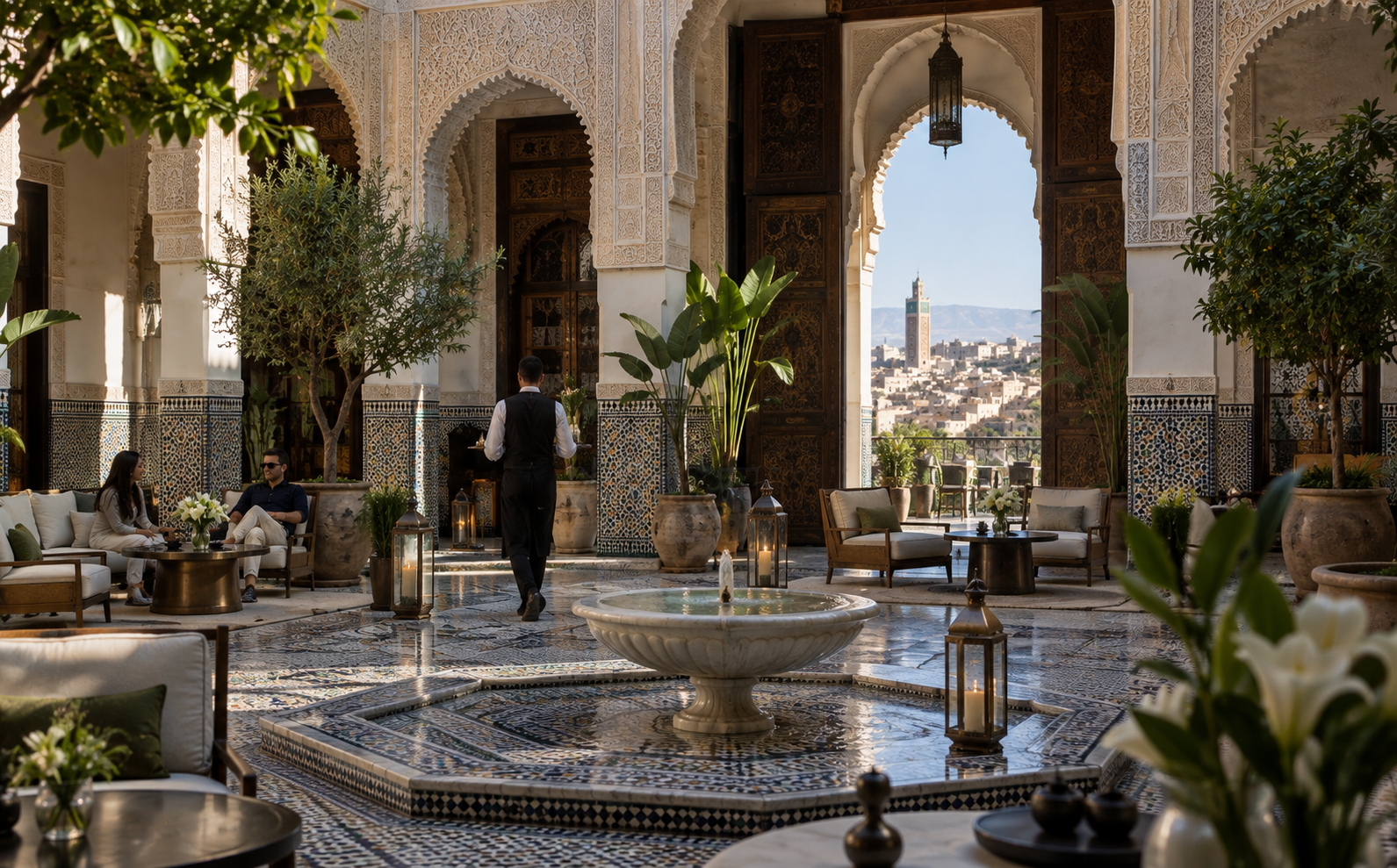 Palais Jamai restoration in Fes preserving Moroccan zellige, stucco, woodwork and historic architecture