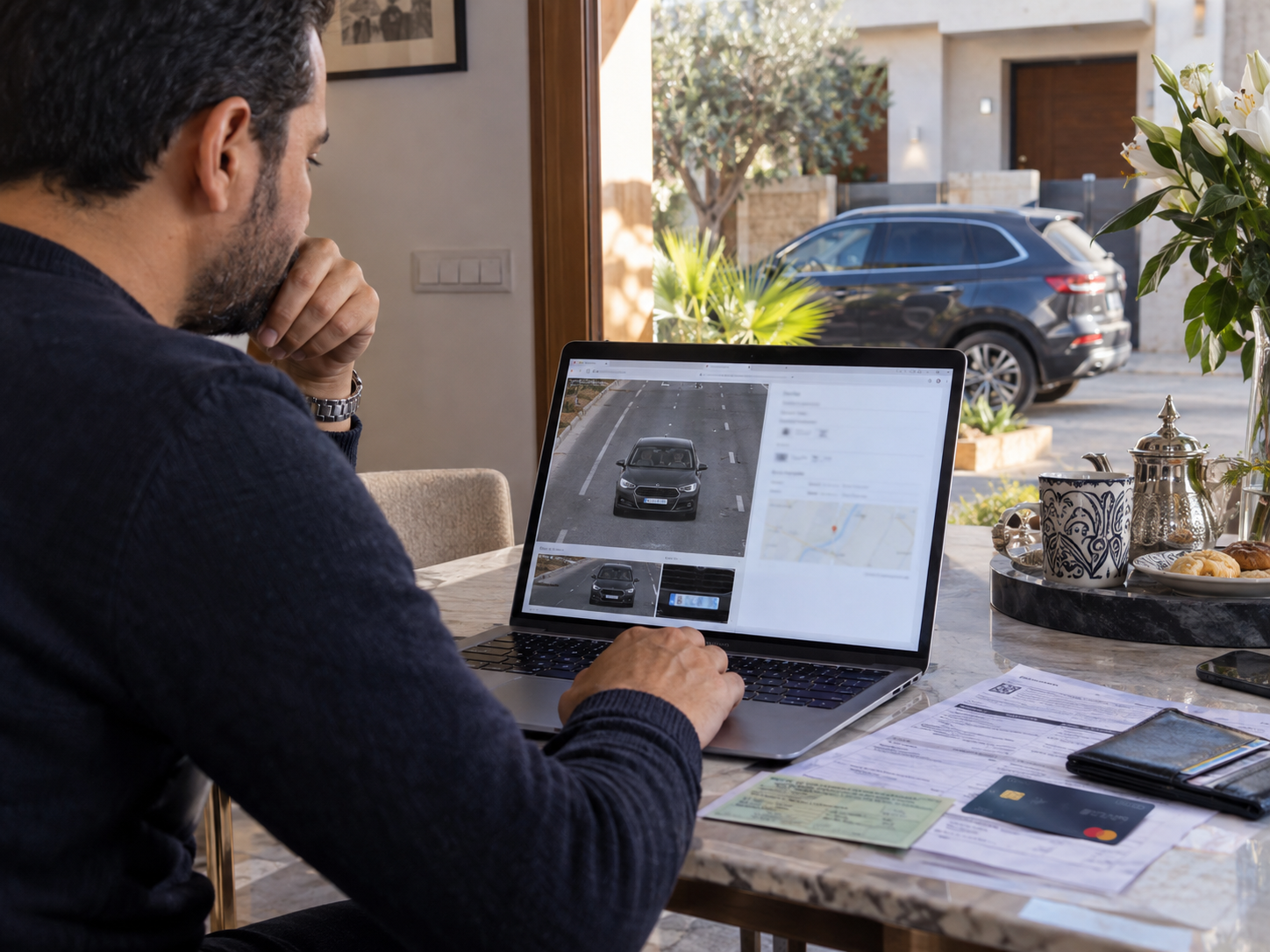 Driver in Morocco checking a speed-camera radar photo and vehicle registration before paying a traffic fine online