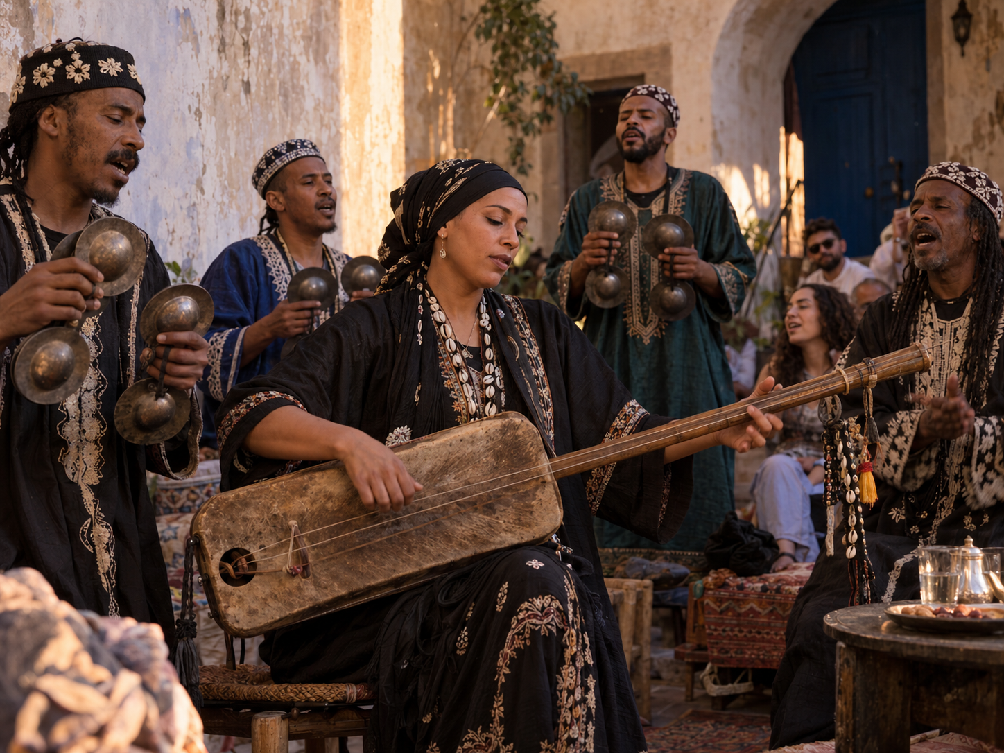Hind Ennaira playing the guembri in a Gnawa performance rooted in Essaouira, Morocco