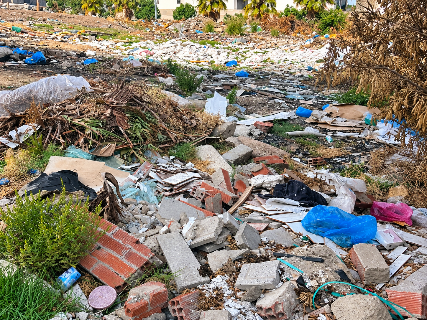 Construction debris and household waste near Panorama residences in Malabata Hills, Tangier