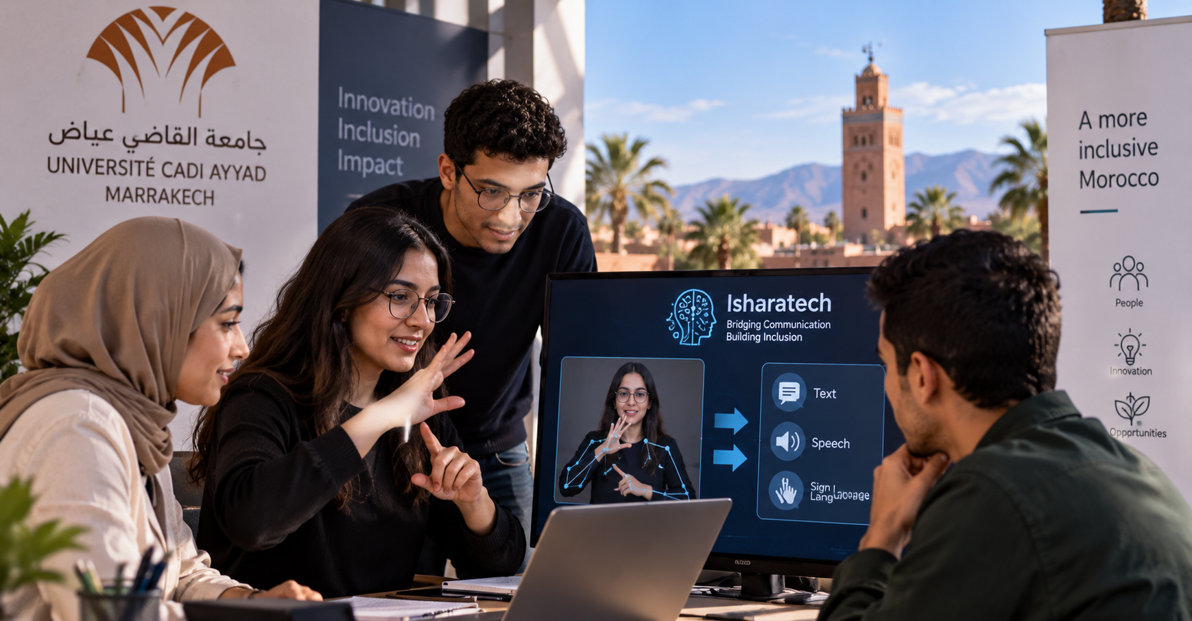 Isharatech student team in Marrakech developing AI-assisted sign language translation in Morocco